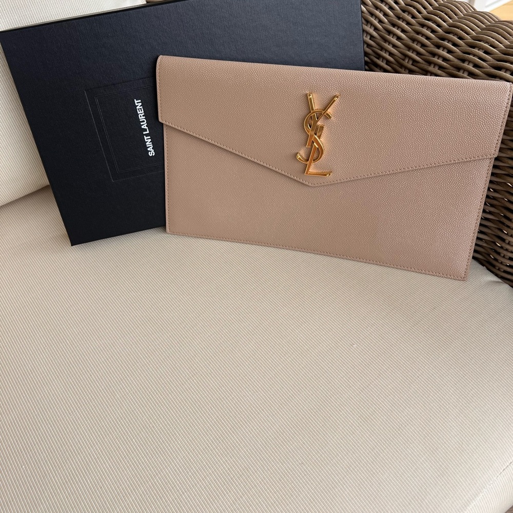 Saint Laurent Dark Beige Envelope Clutch with Gold YSL Logo Hardware